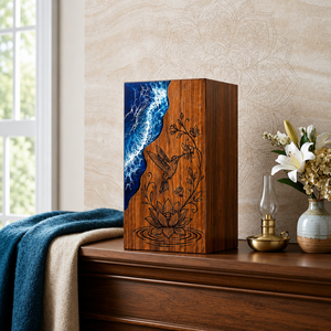 Handmade Wooden Cremation Urn Ocean Wave Resin <b>Memorial</b> <b>Box</b> Floral Bird Inlay Adult Cremation Keepsake Case - Product Image 6