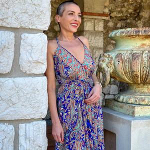 Vestido maxi de verano con cuello en V, vestido informal de seda estampado, estilo bohemio, tirantes cruzados en la espalda - Product Image 1