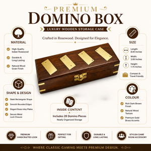 Handmade Indian Rosewood Dominoes Box with 28 Dominoes | Brass Inlay Wooden Storage Case | Luxury Game Gift Set Organizer - Product Image 4