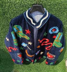 <b>Women</b> <b>Navy</b> Velvet <b>Jacket</b> With Colorful Snake Cactus Eye And Star Embroidery Front Closure Long Sleeves <b>For</b> Statement Wear - Product Image 4