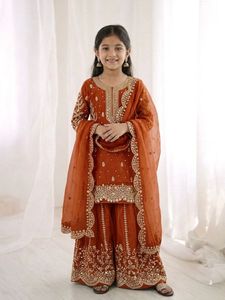 Girls Fendy <b>Silk</b> <b>Kurta</b> Palazzo Set with Dupatta Embroidery Sequence Work Kids Ethnic Wear Festive Wedding Party Designer Outfit - Product Image 6