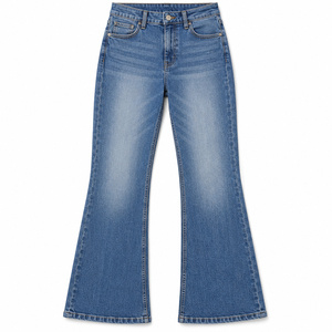 Jean en denim coupe bootcut taille haute pour femme avec poches ondulées et broderies, bleu moyen, respirant, délavage foncé, idéal pour l'été, vente en gros - Product Image 1
