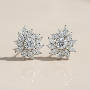 Flower <b>Stud</b> Earrings Women 925 <b>Silver</b> Diamond Round Brilliant Cut Classic Wedding Jewelry - Product Image 1