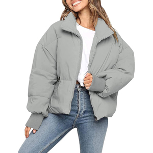 Gray Stand Collar Puffer Jacket Women's Winter <b>Coat</b> <b>Zipper</b> Closure Casual Loose Fit Short Length Polyester Filling Solid Color - Product Image 1