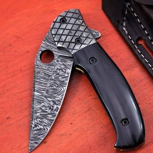 Navaja Plegable de Acero de Damasco con Hoja de Punta Caída, Mango Negro y Apertura con Perilla para el Pulgar - Product Image 1