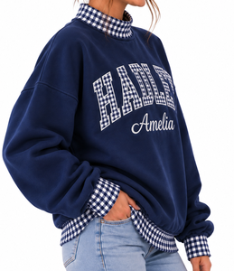 Sweat-shirt personnalisé pour femme à col montant, avec appliqué lettres, patchwork à carreaux, color block, coupe oversize, style vintage, vente en gros - Product Image 5