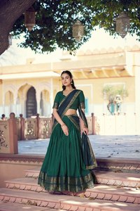 Designer Floor-Length Semi Stitched Poly Cotton <b>Lehenga</b> Choli with Zari Border Gota Patti Dupatta - Product Image 1