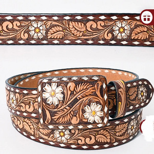 เข็มขัดหนังสไตล์ตะวันตกแบบเต็มลายสำหรับทุกเพศพร้อมหัวเข็มขัดทองเหลืองสลักลายดอกไม้ - Product Image 3