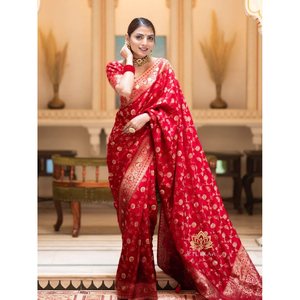 ATRACTIVE BANARASI SILK BROcade with ZARI WORK SAREE and UNSTITCHED <b>BLOUSE</b> in <b>RED</b> - Product Image 1