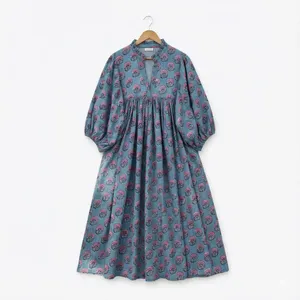 Vintage Sky Blue Floral Block Print Cotton Midi <b>Dress</b> With Puff Sleeve <b>Loose</b> Fit V-Neck Summer <b>Dress</b> For Women - Product Image 2