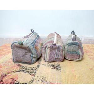 Indian kantha hand block print cotton cosmetic bag <b>Makeup</b> pouch set of three Accessory <b>case</b> Women's travel bag Handmade Kantha - Product Image 2