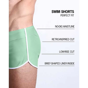 Short de bain homme taille basse vert uni séchage rapide coupe rétro avec doublure intégrée de type slip - Product Image 3