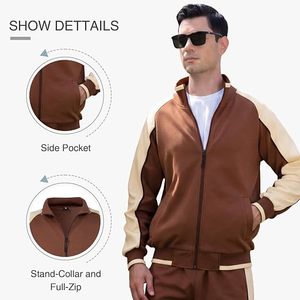 Survêtement d'hiver pour homme à capuche marron, manches longues, fermeture éclair, décontracté, respirant, séchage rapide, léger, taille élastique - Product Image 4