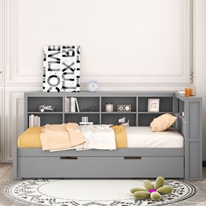 Letto a giorno in legno grigio a una piazza e mezza con letto estraibile, porte USB e ripiano portaoggetti - Letto per bambini - Product Image 5