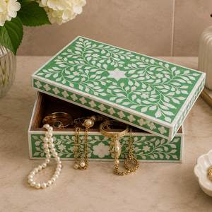 Elegant Green Solid Eco-Friendly Engraved Resin Rectangle Jewelry <b>Box</b> with Lid for <b>Jewellery</b> Storage - Product Image 1