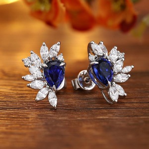 Luxury 925 <b>Silver</b> <b>Stud</b> Earrings With Blue Sapphire And Marquise Diamond Flower Design For Women Wedding Jewelry - Product Image 4