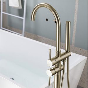 Miscelatore per vasca da bagno a pavimento in oro spazzolato ad alta portata con doccetta, rubinetteria moderna per vasca e doccia - Product Image 6