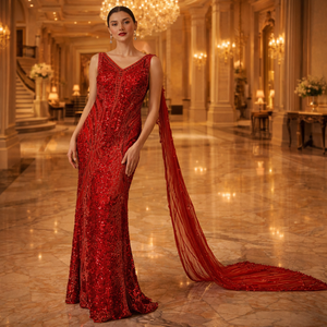 Luxury Modern Designer Women's Short Gown | Hand-Embroidered Black Beads Halter Neckline Floor-Length | Wedding Party Red Dress - Product Image 3