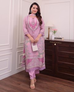 Women Purple MUSLIN Embroidered Ankle-Length <b>Kurti</b> Set Traditional <b>Indian</b> Pakistani Casual Wear Regular Fit Stretchable Design - Product Image 5
