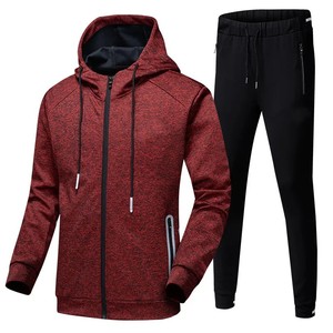 Men's Red Hooded Tracksuit Full Zip Sweatshirt With Side Pockets Black <b>Pants</b> Casual Wear Autumn Style Quick Dry Polyester Cotton - Product Image 1