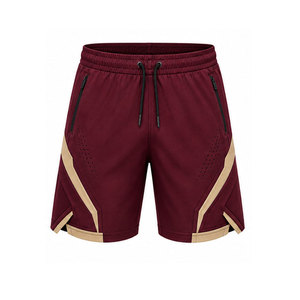 Men's Maroon Sport <b>Shorts</b> With Beige Stripes Quick Dry Drawstring Waist <b>Zip</b> <b>Pockets</b> Knitted Polyester Athletic Wear - Product Image 1