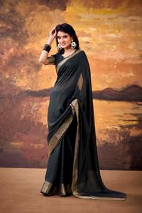 ชุดส่าหรีผ้า MassMello ล่าสุดสำหรับผู้หญิง ตกแต่งด้วยงานปักดิ้นทอง เหมาะสำหรับงานแต่งงานและงานเทศกาล คอลเลคชั่นส่าหรีงานปักเรียบง่าย - Product Image 4