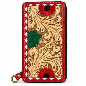 Handmade Split Leather Slim <b>Wallet</b> for <b>Women</b> with Floral Carved Design Fold Closure Multiple <b>Card</b> Slots and Premium Hardware - Product Image 1
