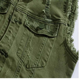Chaleco Vaquero Verde Oliva Personalizado para Hombre - Chaqueta de Mezclilla sin Mangas, Corte Ajustado y Estilo Desgastado para Exportación - Product Image 6