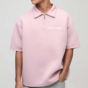 Men's Plus Size Pink Knitted Polo <b>Shirt</b> Short Sleeve Casual Zipper <b>Collar</b> Solid Color Front Logo - Product Image 1