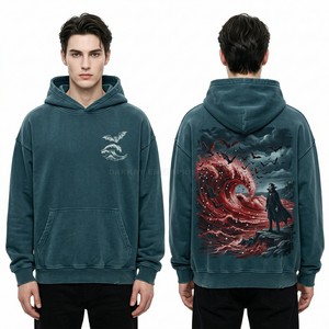 Customized Acid Wash Maroon Hoodie Men Streetwear Puff Print Rhinestone Gothic Oversized Pullover Heavy Cotton Fleece Sweatshirt - Product Image 4