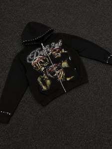 Sweat-shirt à capuche rose personnalisé avec fermeture éclair, orné de strass et d'un imprimé graphique, style streetwear, mode, OEM ODM - Product Image 3