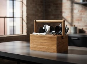 Handcrafted Wooden Cutlery <b>Caddy</b> with Handle Tabletop Spoon Fork and Napkin Organizer for Restaurant - Product Image 2