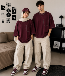 Camiseta Personalizada Extra Grande con Costuras en Contraste para Hombre y Mujer, Algodón Grueso de 240-260 GSM, Estilo Urbano, con Bolsillo, Unisex, OEM, ODM - Product Image 4