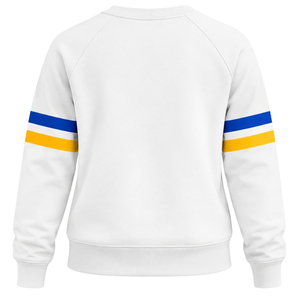 <b>White</b> <b>Women</b> Crew Neck Sweatshirt Greek Letter 1922 Graphic <b>Long</b> <b>Sleeve</b> Casual Pullover <b>Top</b> with Blue Gold <b>Sleeve</b> Stripes - Product Image 3