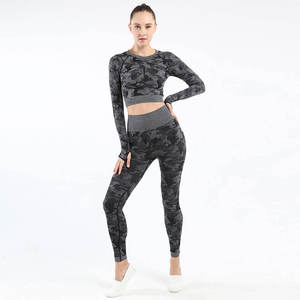 <b>Women's</b> Solid <b>Compression</b> Spandex Yoga Set Crew Neck Crop <b>Top</b> High Waist Leggings Full Length Sleeve Pockets Two-Piece - Product Image 1