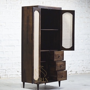 Armario Moderno de Madera Maciza y Ratán con 2 Puertas, Armario de Madera con 2 Cajones para Dormitorio u Hotel - Product Image 2