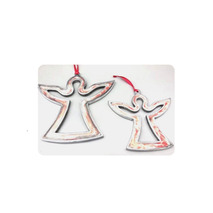 Ornements suspendus en métal argenté creux faits à la main, écologiques, en forme d'ange, avec rubans rouges, plusieurs tailles, pour les fêtes, les mariages et les événements - Product Image 1
