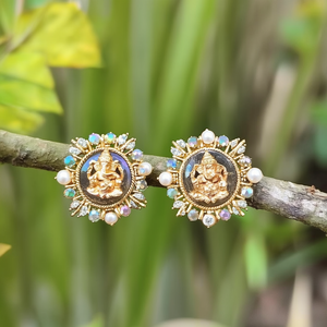 Ganesha Charm Stud Earrings-Gold Plated Alloy with Zircon Opal Pearl & Diamond - Product Image 2