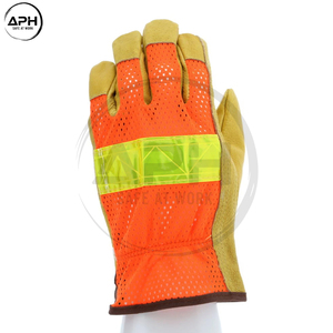 Nouveauté : Gants de travail haute visibilité à doigts complets en cuir véritable avec bande réfléchissante et logo personnalisé, en tissu mesh orange - Product Image 3