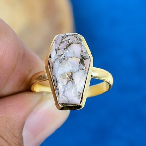 Natural Pink <b>Opal</b> Copper Coffin Shape Gemstone <b>Ring</b> 18k Gold Finish Over 925 Sterling Silver - Product Image 2