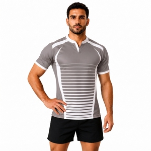 Maillot de rugby gris rayé pour homme, manches courtes, col en V, respirant, ajusté, vêtement de sport toutes saisons - Product Image 1