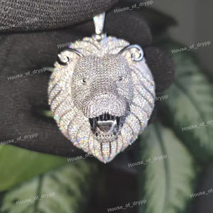 Collar Hip Hop con Colgante de Cabeza de León, Adornado con Moissanita, Chapado en Rodio, en Plata de Ley 925, Joyería de Lujo - Product Image 2