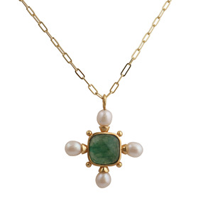 Collar con colgante de cuarzo verde fresa chapado en oro - Collar ajustable con diseño de cruz de perlas de agua dulce, joyería para ella - Product Image 1