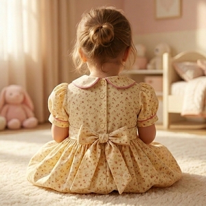 Robe pour filles, personnalisée, géométrique, ODM OEM, en coton bouffant jaune, élégante, prix d'usine, broderie smockée à la main, respirante, mignonne - Product Image 2