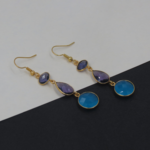 Pendientes Colgantes de Amatista Púrpura y Calcedonia Azul |   Juego de Bisutería Bohemia Hecha a Mano para Boda, Chapado en Oro de 18K sobre Latón - Product Image 4