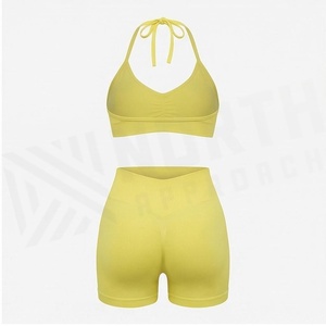 Ensemble de yoga 2 pièces North Approach jaune uni, short taille haute et haut dos nu col en V, sans couture, respirant, vêtements de sport - Product Image 2