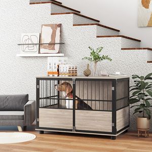 Tavolino per Cani in Legno di Noce Rettangolare da 100 cm con 3 Porte, Stile Villa, per Cani di Piccola e Grande Taglia - Product Image 2