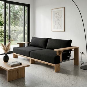 Canapé de villa moderne carré, structure en teck massif, 3 places, housse amovible lavable, revêtement en tissu, personnalisable, appartement, hôtel - Product Image 6