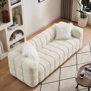 โซฟาผ้ากำมะหยี่สีเบจทรงสี่เหลี่ยมผืนผ้าพร้อมที่วางแขนทรงสี่เหลี่ยมกว้าง 2 หมอนสำหรับห้องนั่งเล่น - Product Image 2