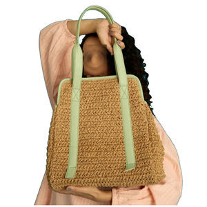 Sac fourre-tout moderne en raphia et jute fait main, bicolore beige, en corde de coton, pour femme, grande capacité, souple, pour la plage ou le shopping - Product Image 1